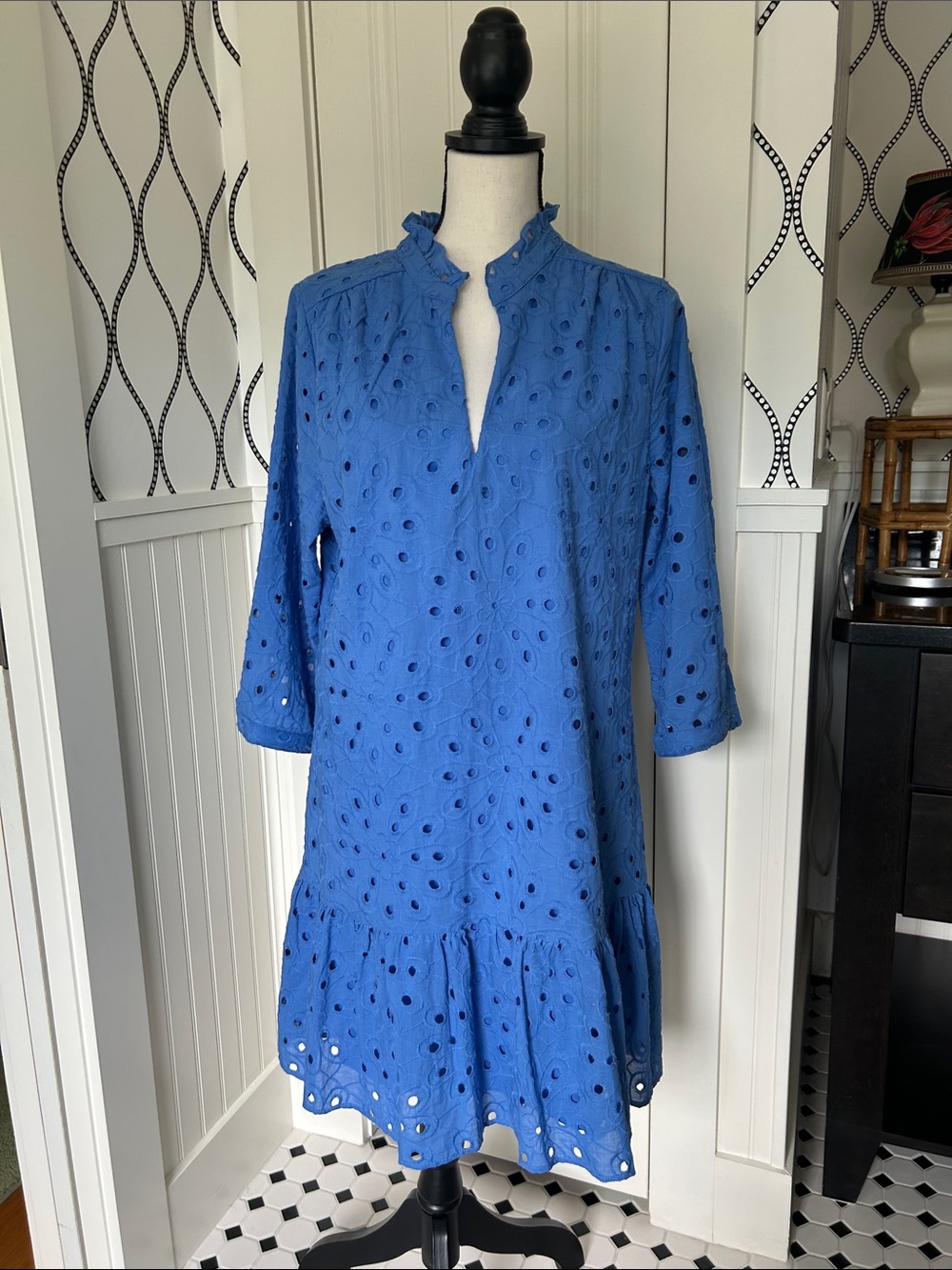 Blue Eyelet Ruffle Hem Dress